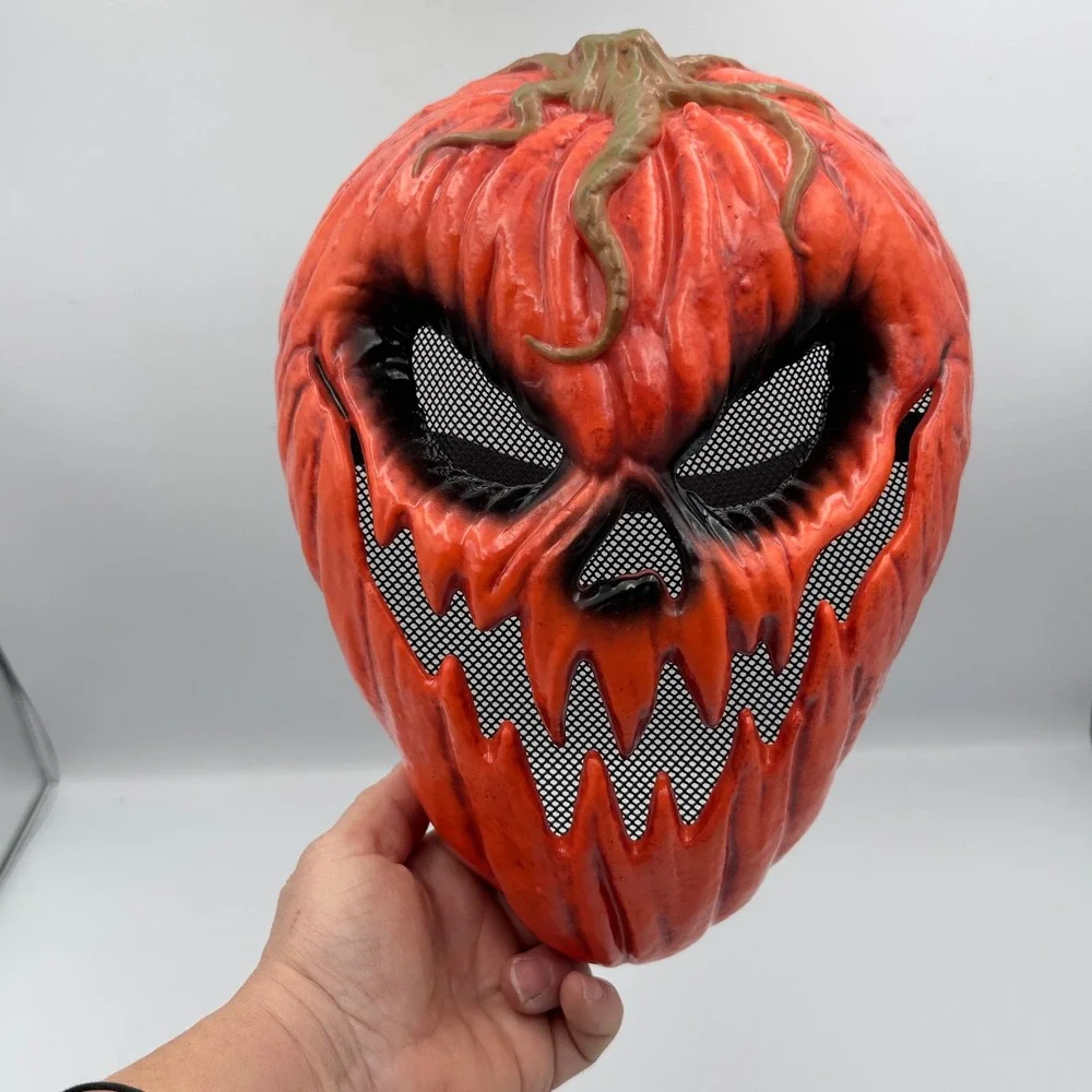 Scary Jack-O-Lantern Pumpkin Halloween Mask Evil Grin Mesh‎ Eyes Orange Costume